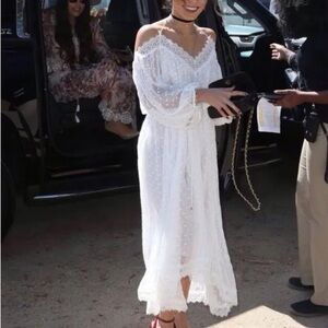 For Love and Lemons White Polka Dot Sheer Off Shoulder Long Sleeve Maxi Dress